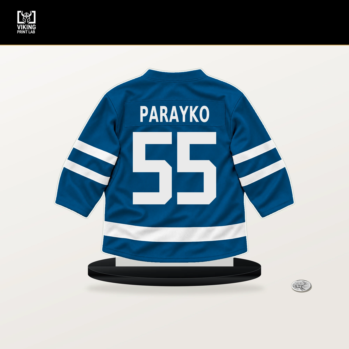 Colton Parayko number 55 St. Louis Blues jersey stand with included black base.