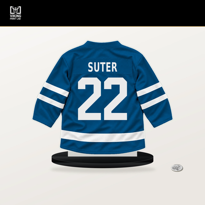 Pius Suter number 22 St. Louis Blues jersey stand with included black base.