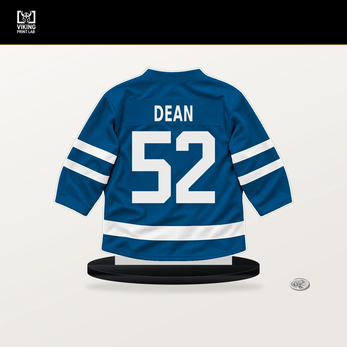 Zach Dean number 52 St. Louis Blues jersey stand with included black base.