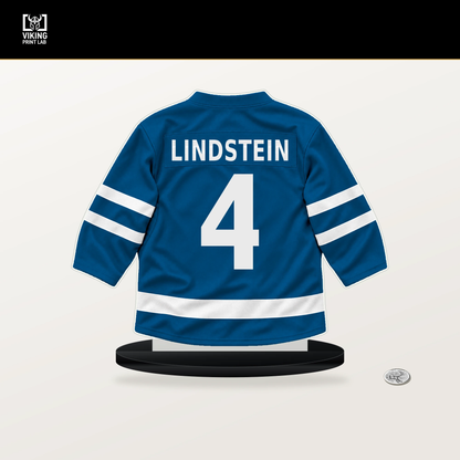 Theo Lindstein number 4 St. Louis Blues jersey stand with included black base.