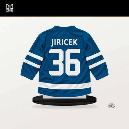 Adam Jiricek number 36 St. Louis Blues jersey stand with included black base.