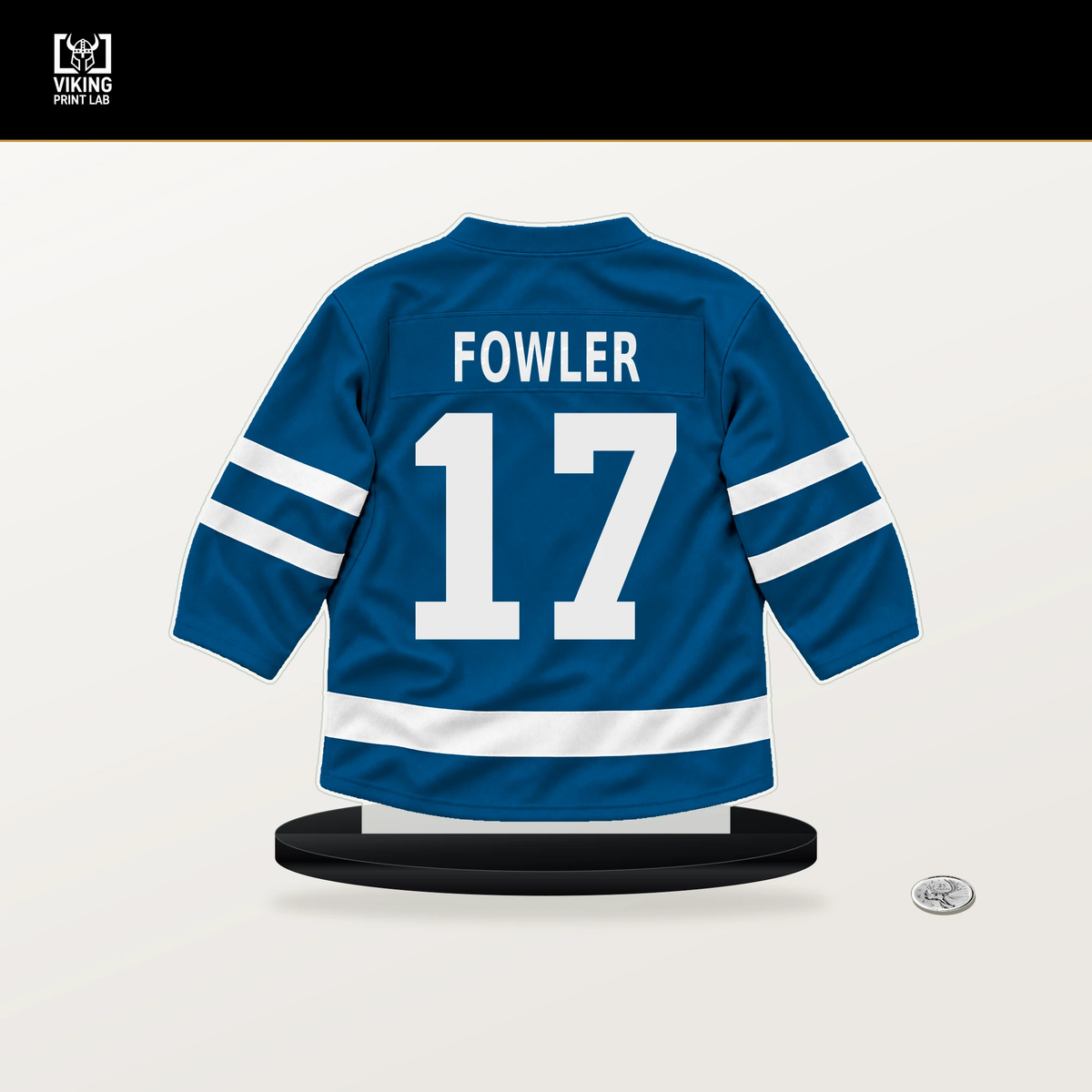 Cam Fowler number 17 St. Louis Blues jersey stand with included black base.