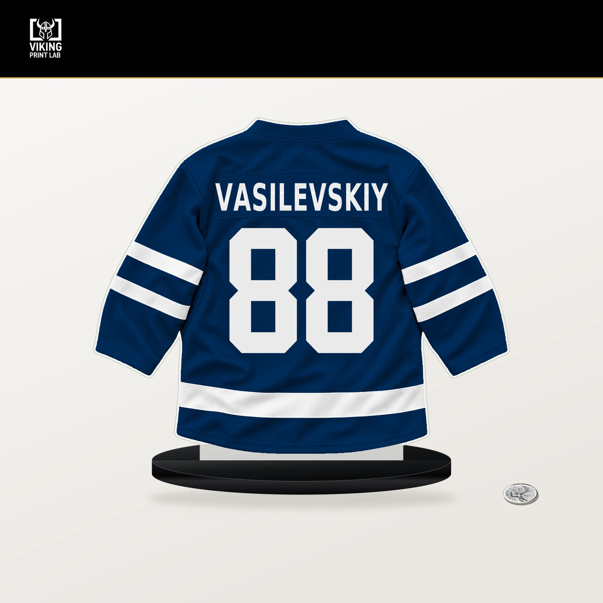 Andrei Vasilevskiy number 88 Tampa Bay Lightning jersey stand with included black base.