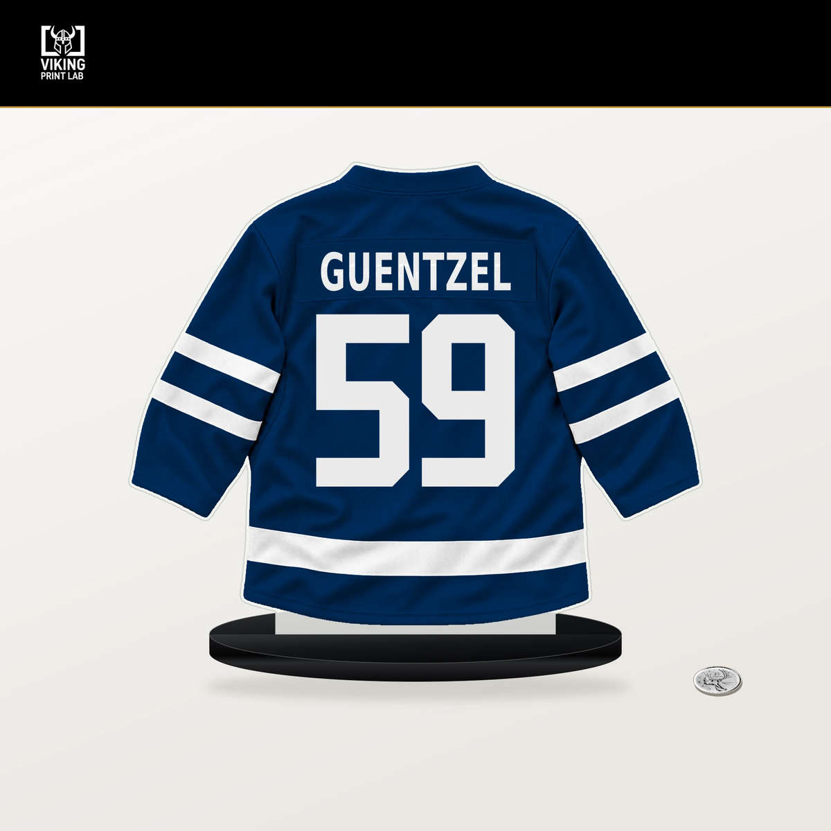 Jake Guentzel number 59 Tampa Bay Lightning jersey stand with included black base.
