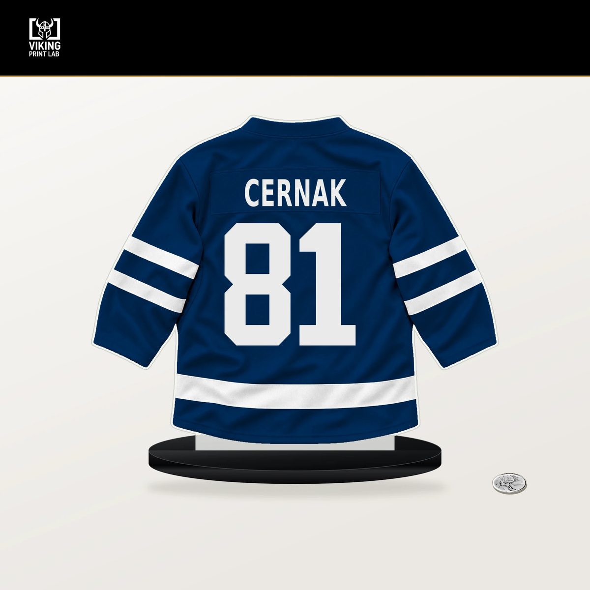 Erik Cernak number 81 Tampa Bay Lightning jersey stand with included black base.
