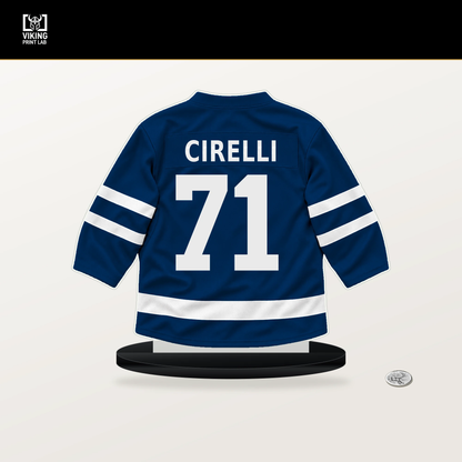 Anthony Cirelli number 71 Tampa Bay Lightning jersey stand with included black base.