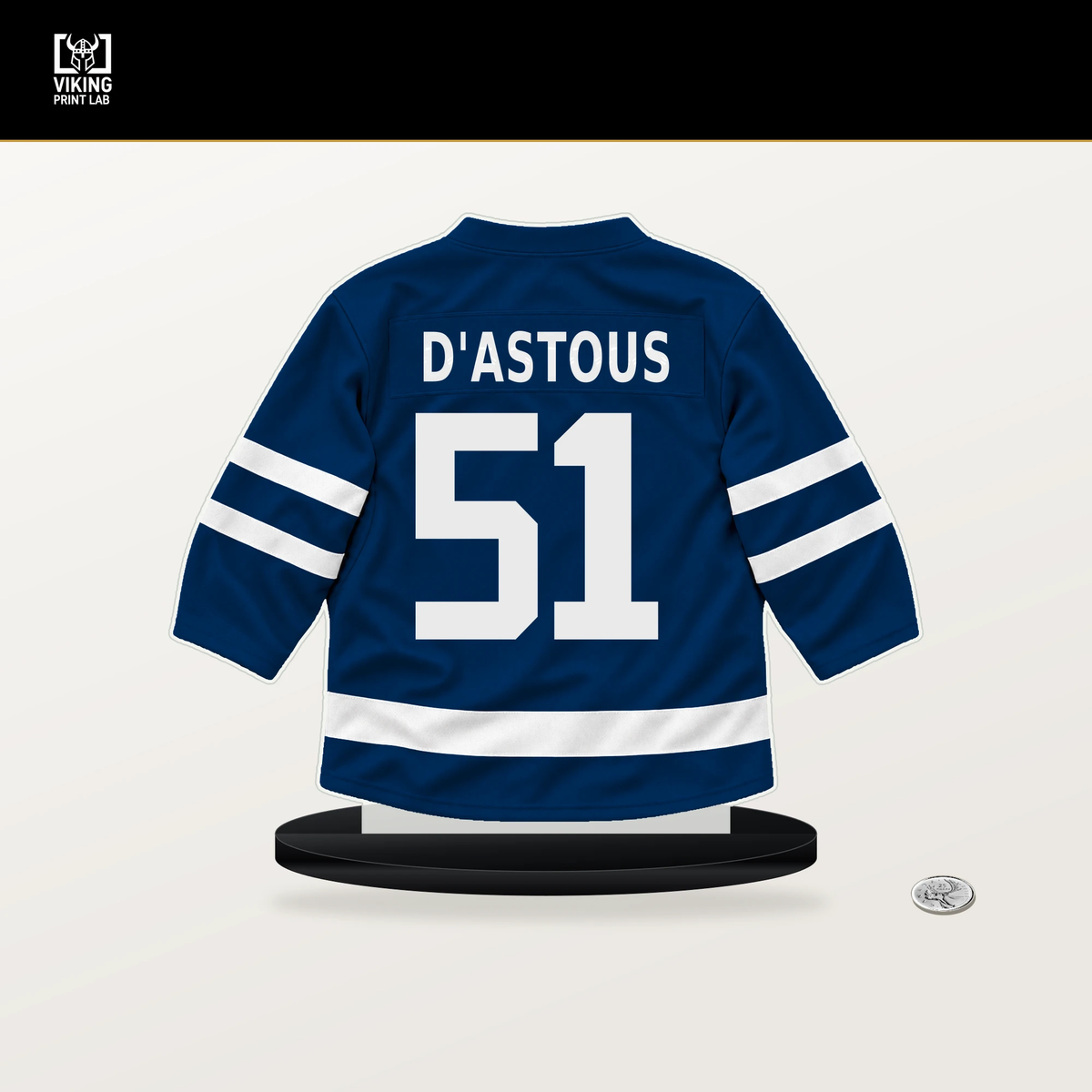 Charle-Edouard D'Astous number 51 Tampa Bay Lightning jersey stand with included black base.