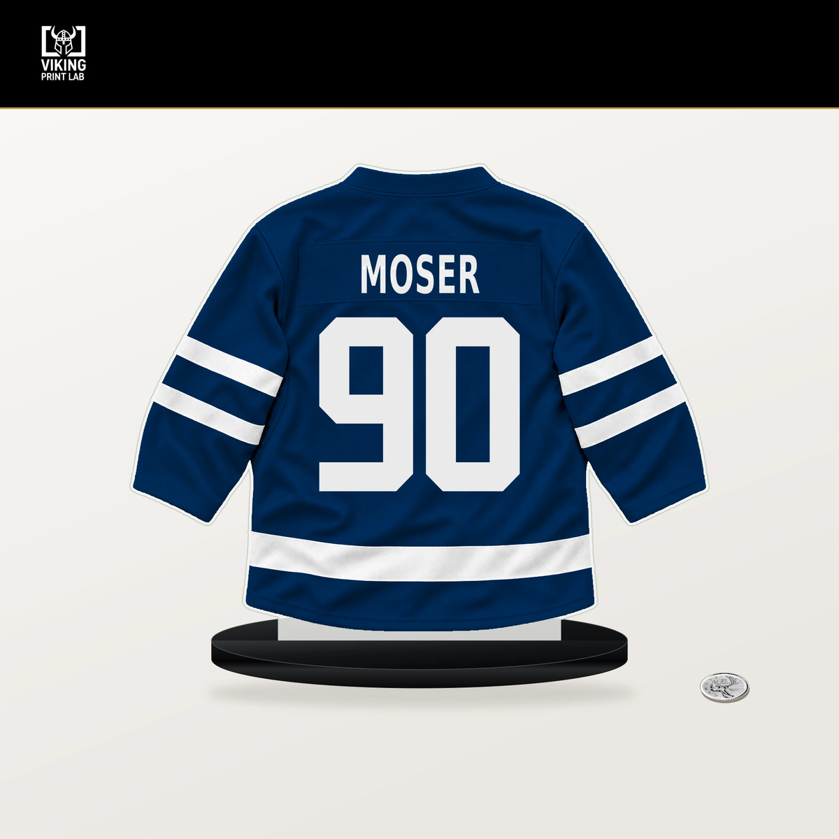 J.J. Moser number 90 Tampa Bay Lightning jersey stand with included black base.