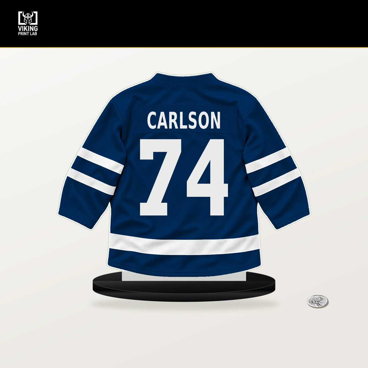 John Carlson number 74 Tampa Bay Lightning jersey stand with included black base.