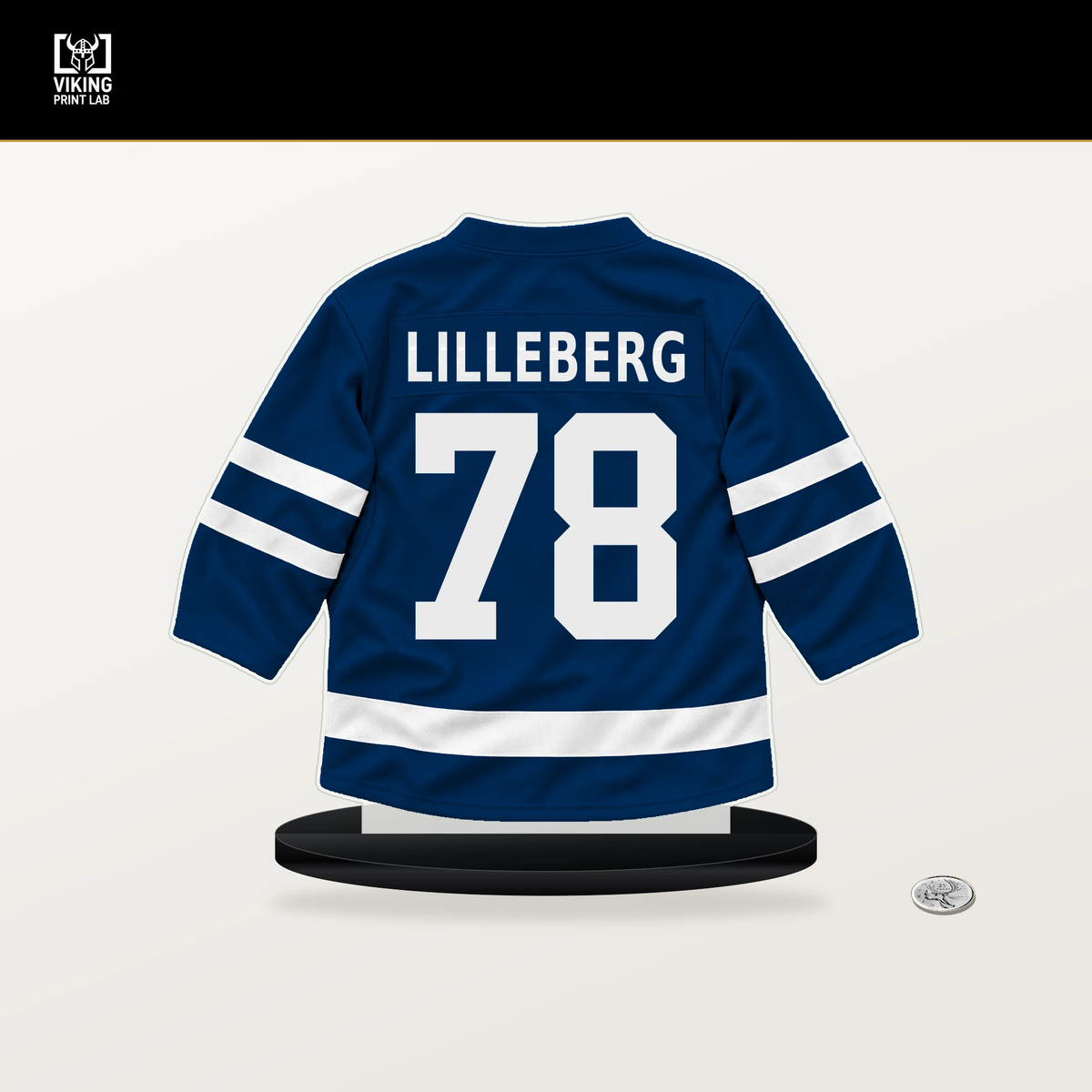 Emil Lilleberg number 78 Tampa Bay Lightning jersey stand with included black base.