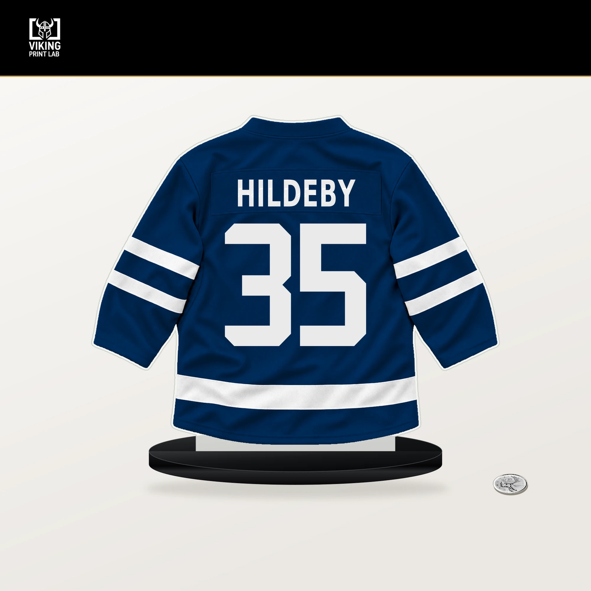 Dennis Hildeby number 35 Tampa Bay Lightning jersey stand with included black base.