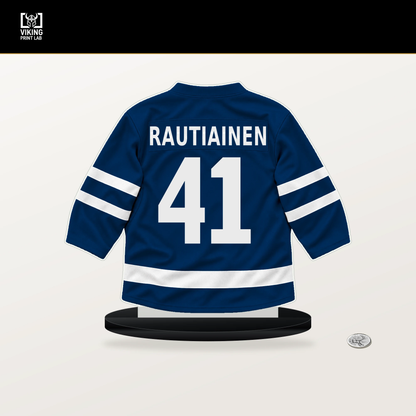 Benjamin Rautiainen number 41 Tampa Bay Lightning jersey stand with included black base.
