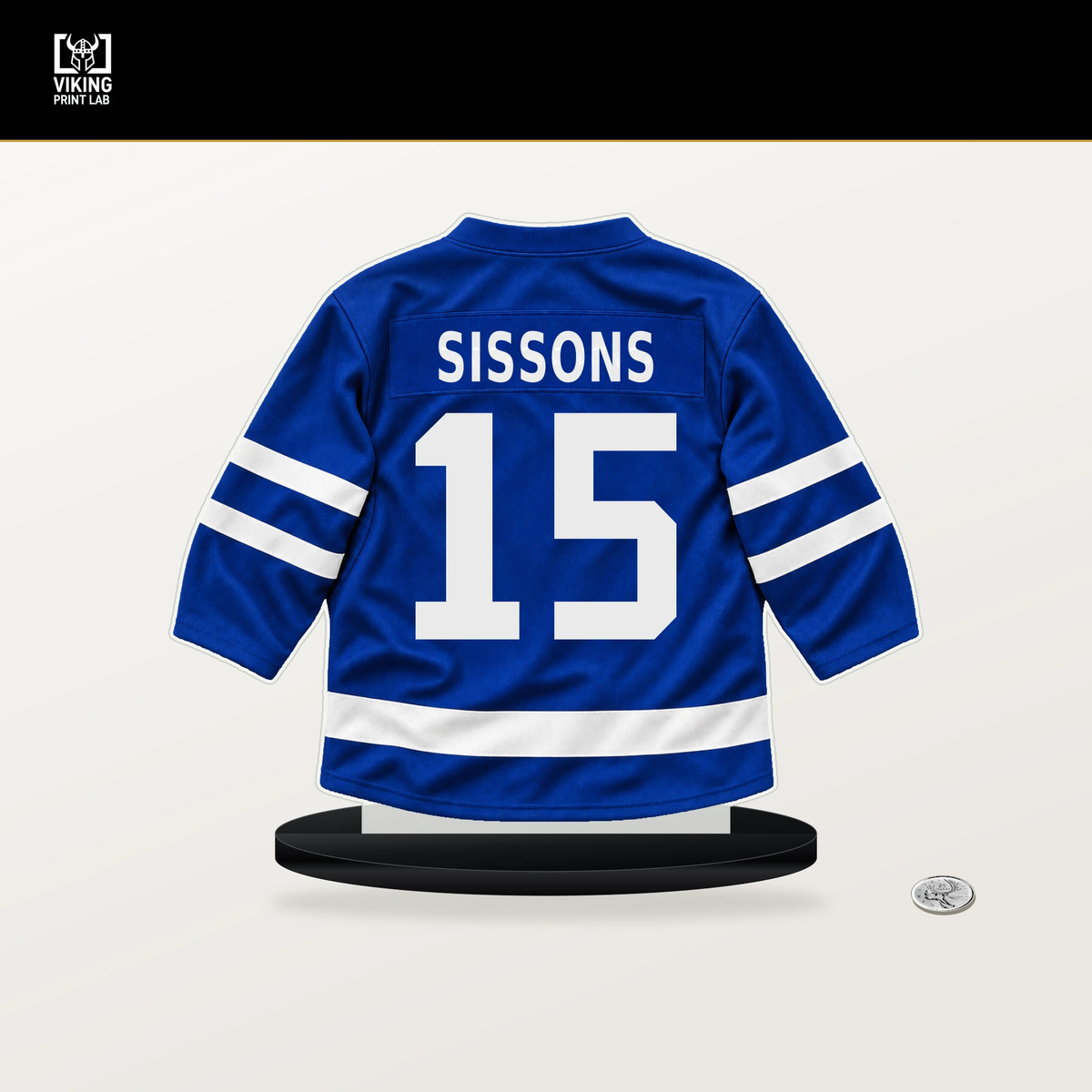 Colton Sissons number 15 Toronto Maple Leafs jersey stand with included black base.