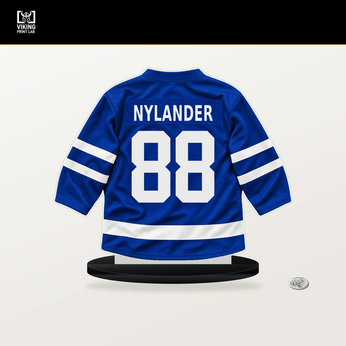 William Nylander number 88 Toronto Maple Leafs jersey stand with included black base.