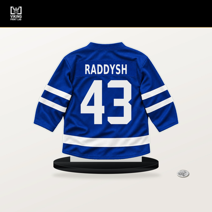 Darren Raddysh number 43 Toronto Maple Leafs jersey stand with included black base.