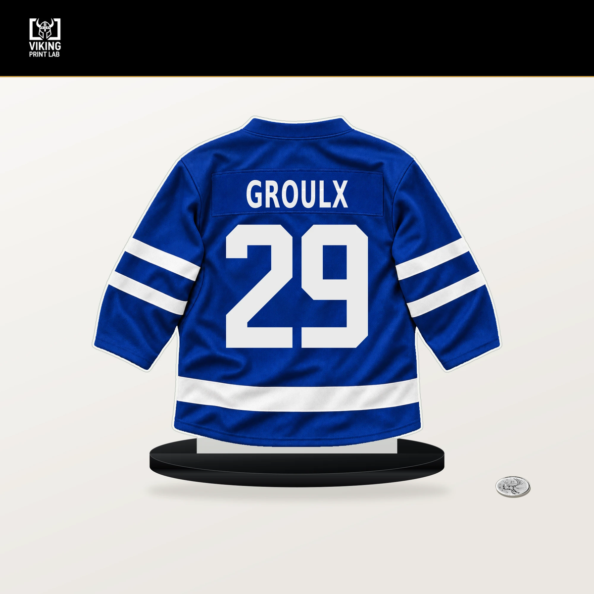 Bo Groulx number 29 Toronto Maple Leafs jersey stand with included black base.