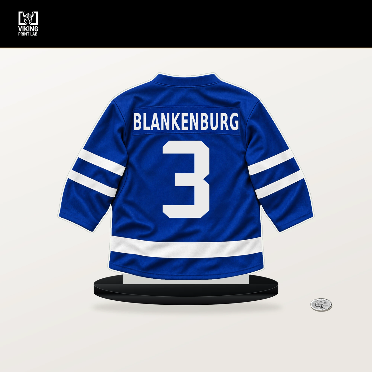 Nick Blankenburg number 3 Toronto Maple Leafs jersey stand with included black base.