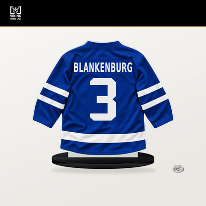 Nick Blankenburg number 3 Toronto Maple Leafs jersey stand with included black base.