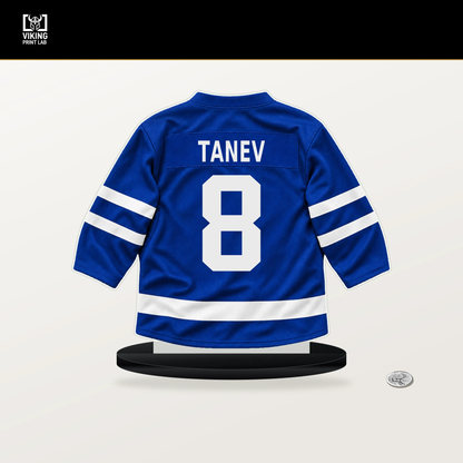 Chris Tanev number 8 Toronto Maple Leafs jersey stand with included black base.