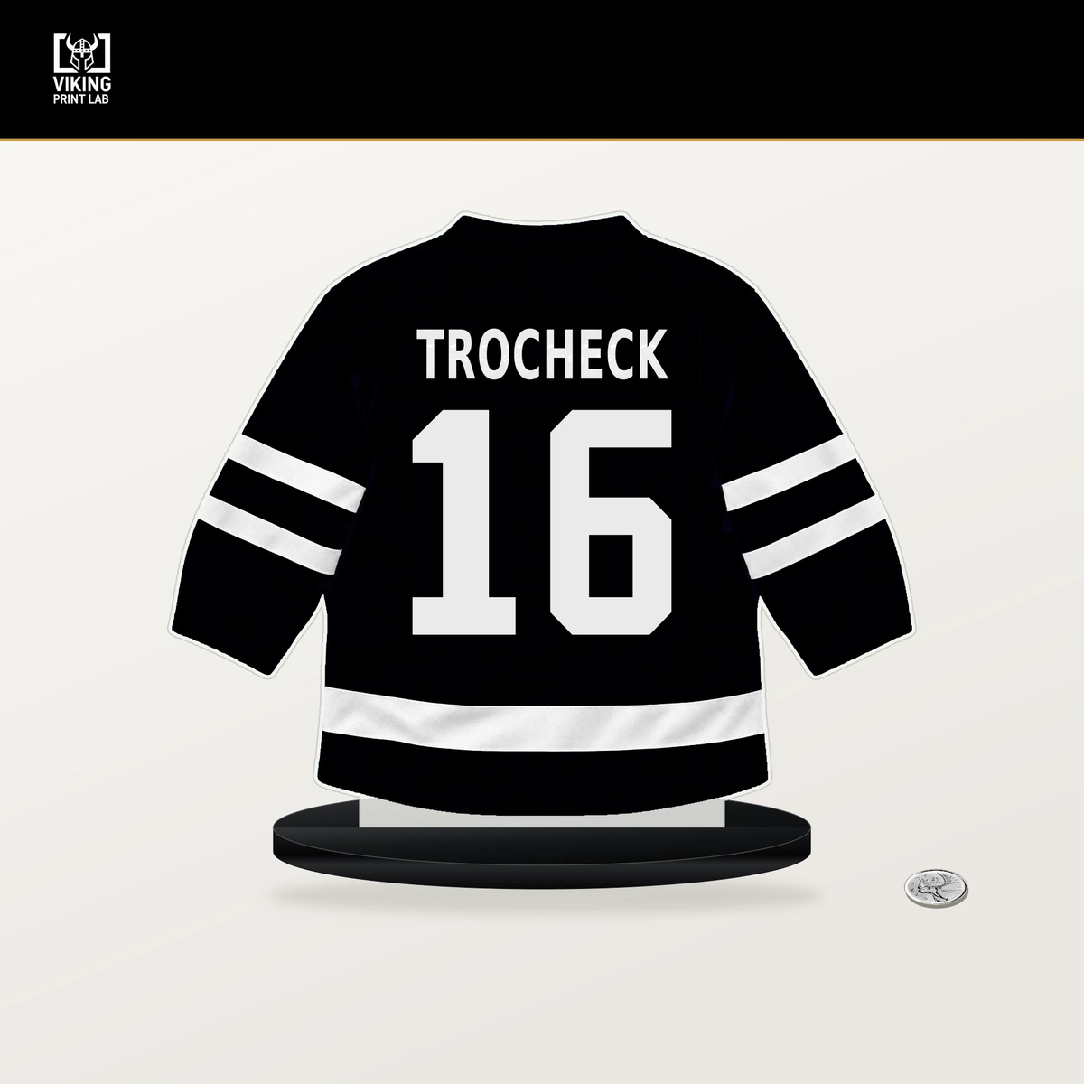 Vincent Trocheck number 16 Utah Mammoth jersey stand with included black base.