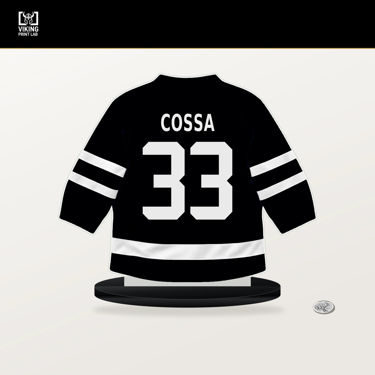 Sebastian Cossa number 33 Utah Mammoth jersey stand with included black base.