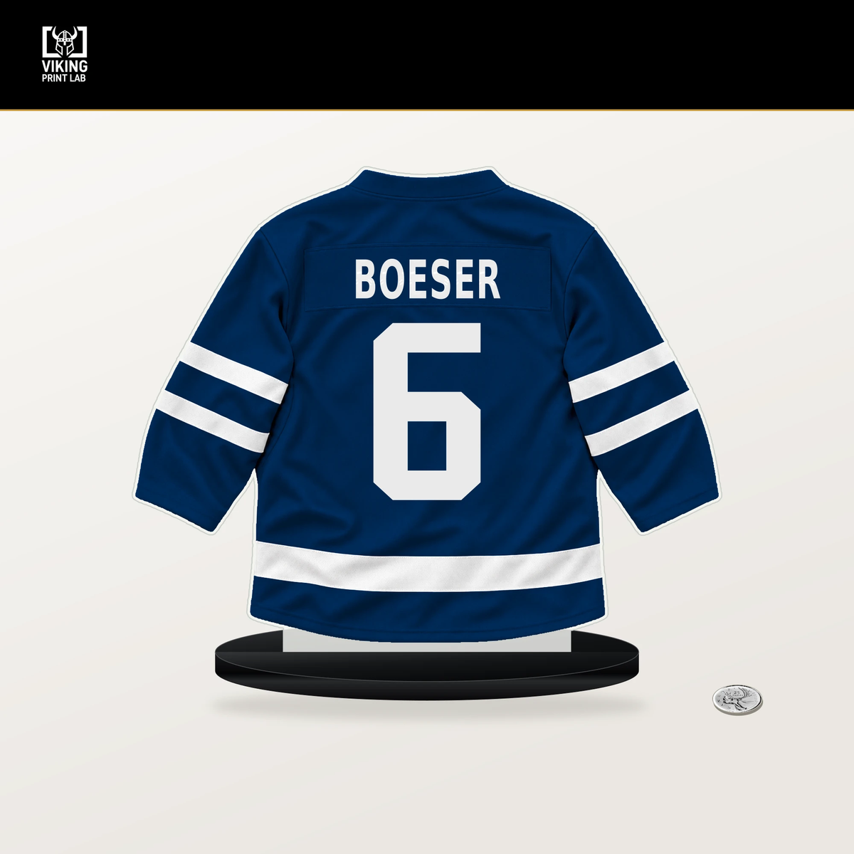 Brock Boeser number 6 Vancouver Canucks jersey stand with included black base.