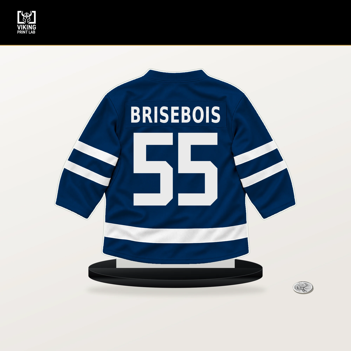Guillaume Brisebois number 55 Vancouver Canucks jersey stand with included black base.