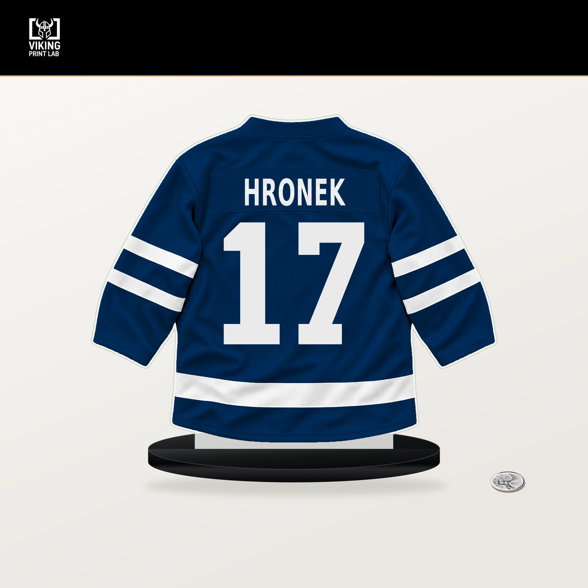 Filip Hronek number 17 Vancouver Canucks jersey stand with included black base.