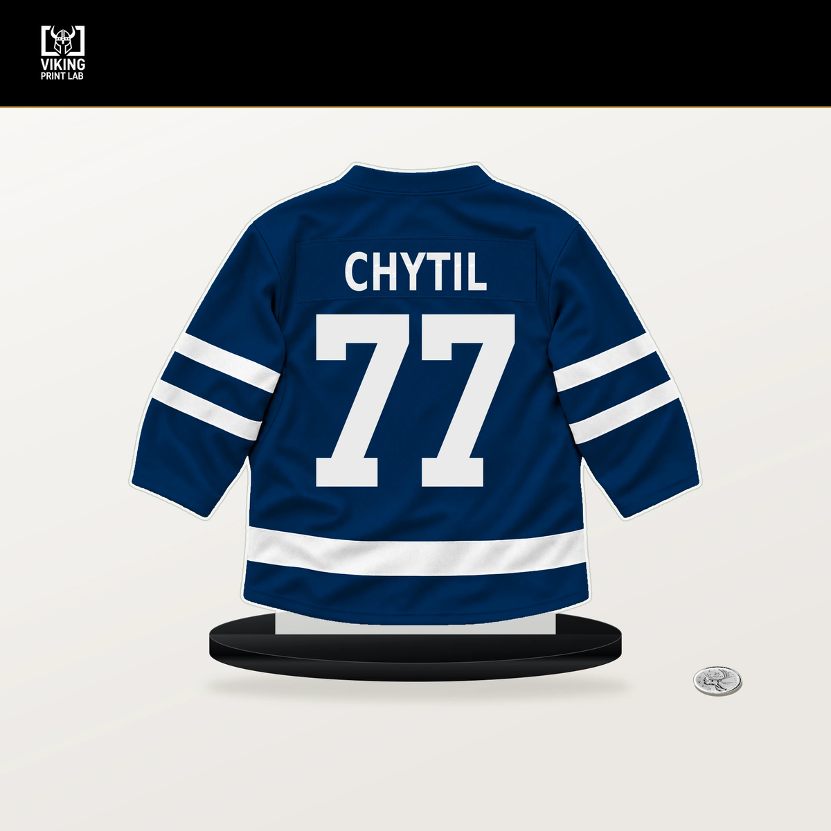 Filip Chytil number 77 Vancouver Canucks jersey stand with included black base.