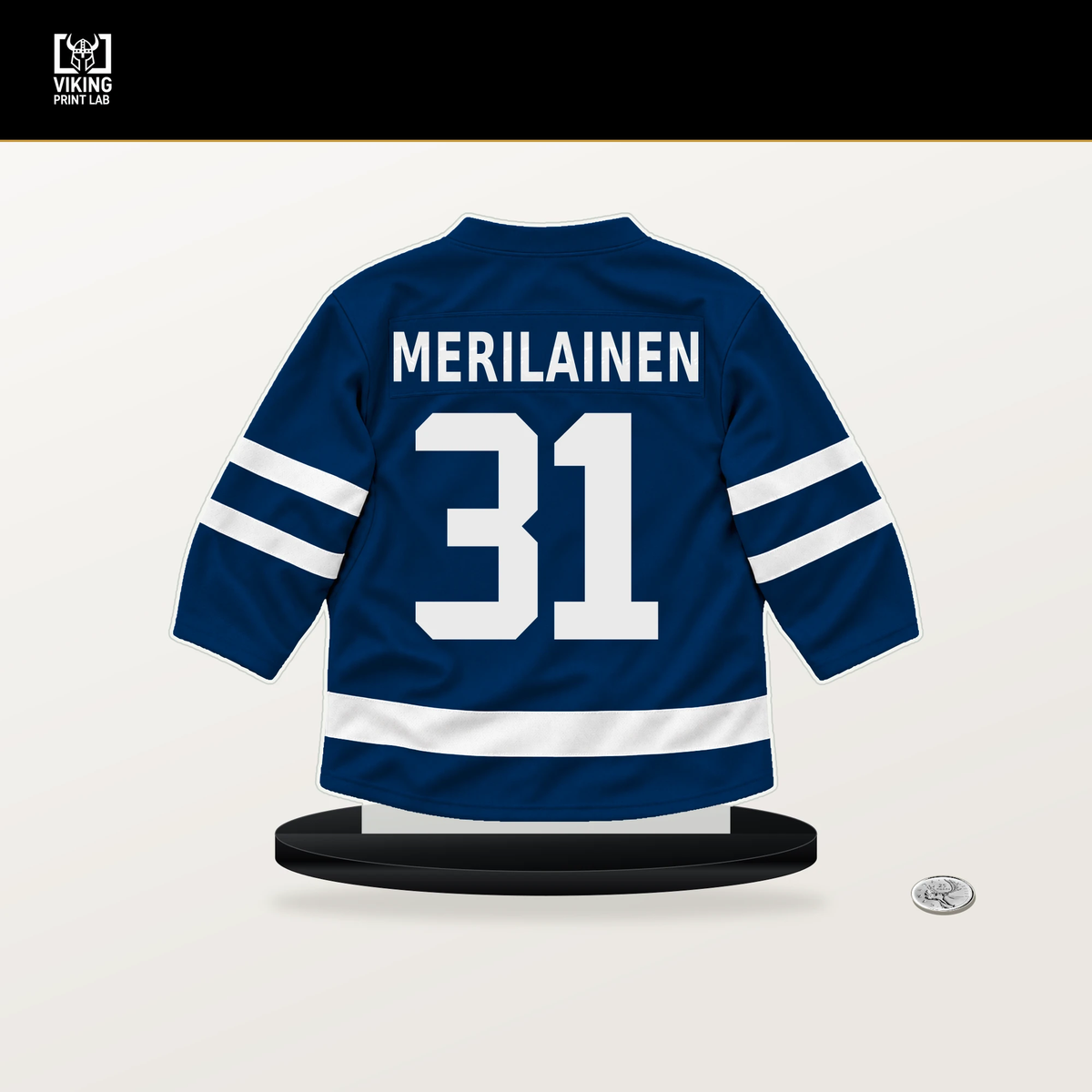 Leevi Merilainen number 31 Vancouver Canucks jersey stand with included black base.