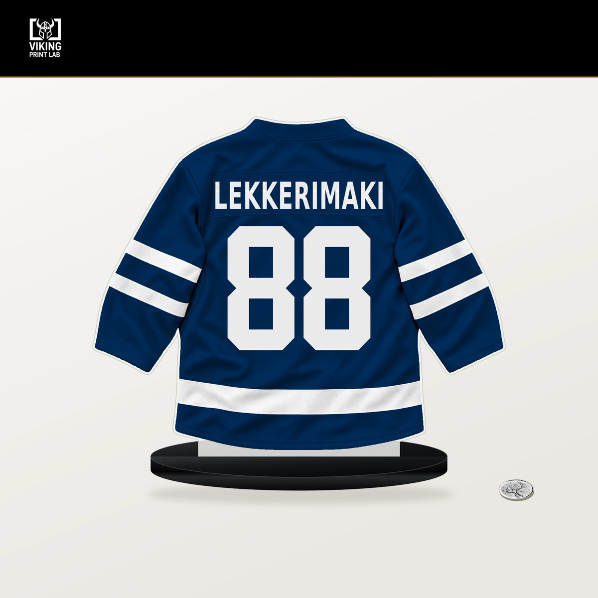Jonathan Lekkerimaki number 88 Vancouver Canucks jersey stand with included black base.