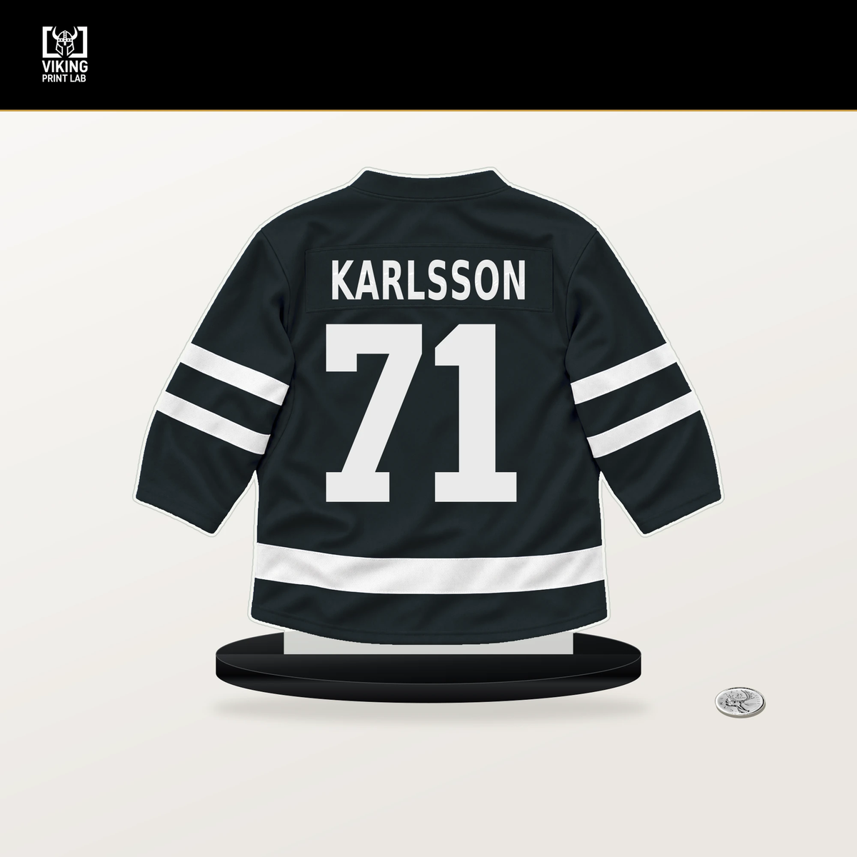 William Karlsson number 71 Vegas Golden Knights jersey stand with included black base.
