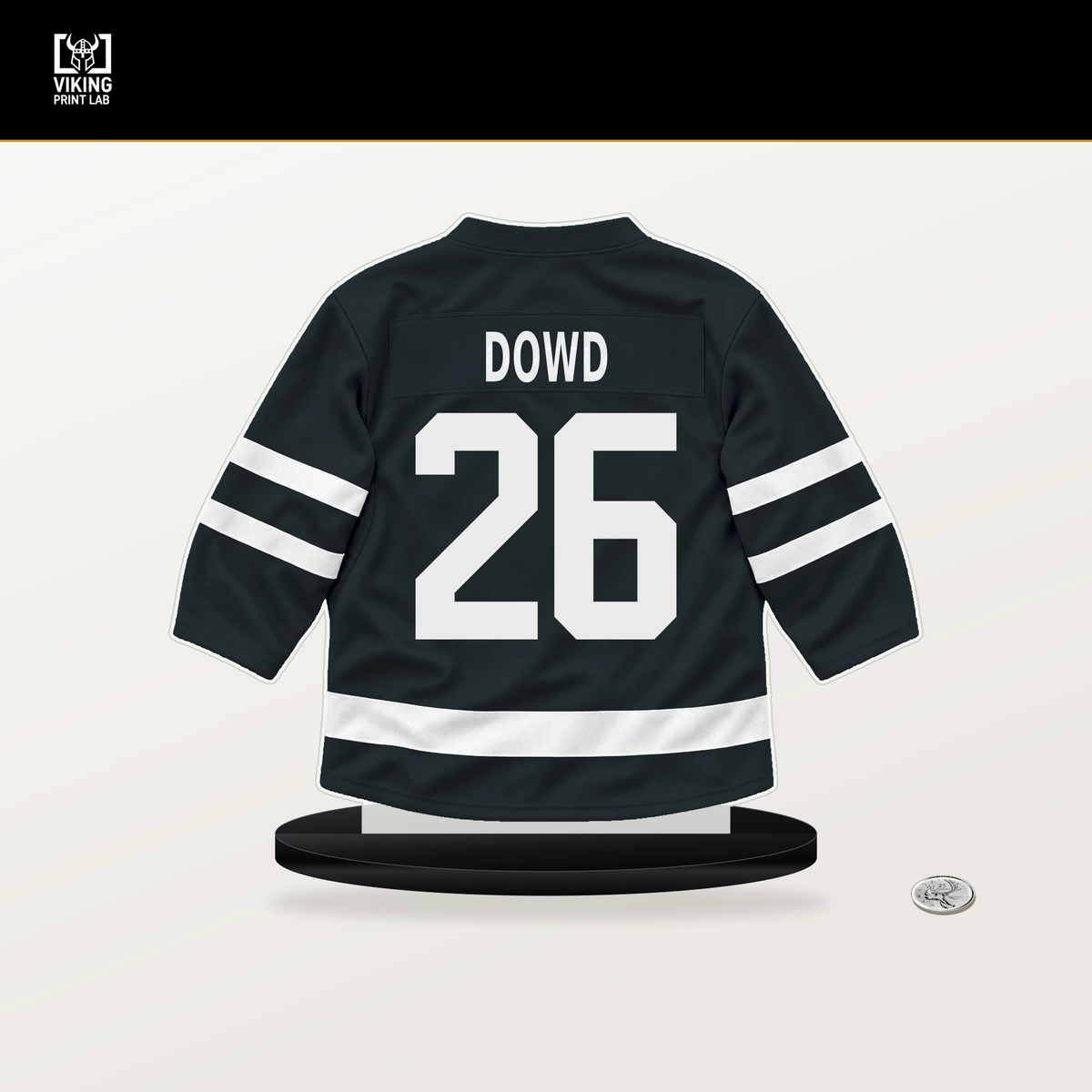 Nic Dowd number 26 Vegas Golden Knights jersey stand with included black base.