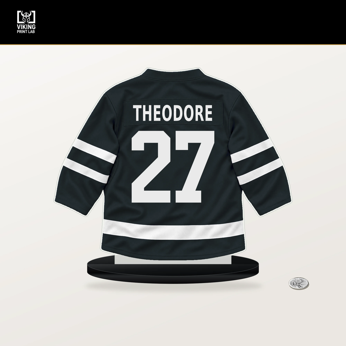 Shea Theodore number 27 Vegas Golden Knights jersey stand with included black base.