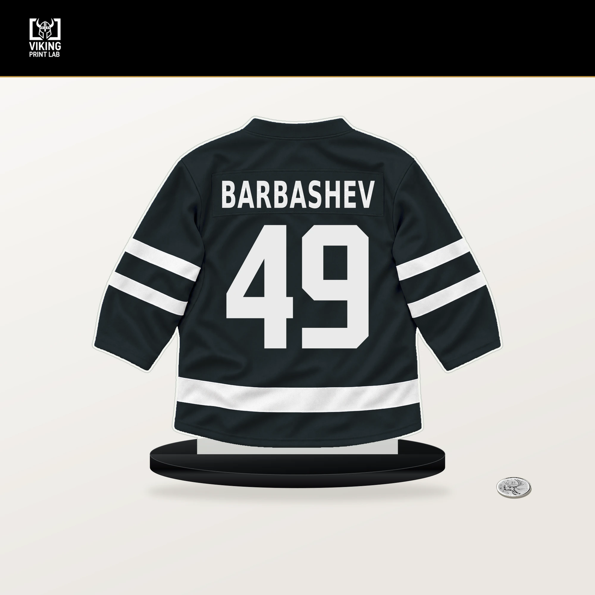 Ivan Barbashev number 49 Vegas Golden Knights jersey stand with included black base.