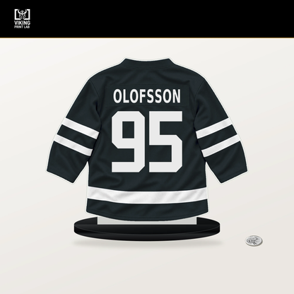 Victor Olofsson number 95 Vegas Golden Knights jersey stand with included black base.