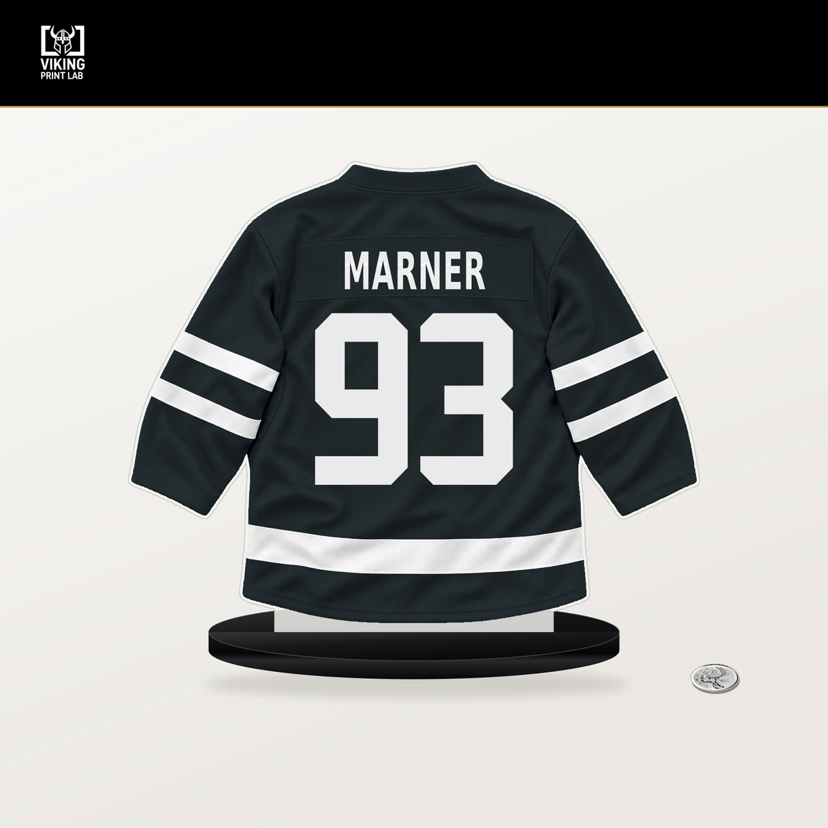 Mitch Marner number 93 Vegas Golden Knights jersey stand with included black base.