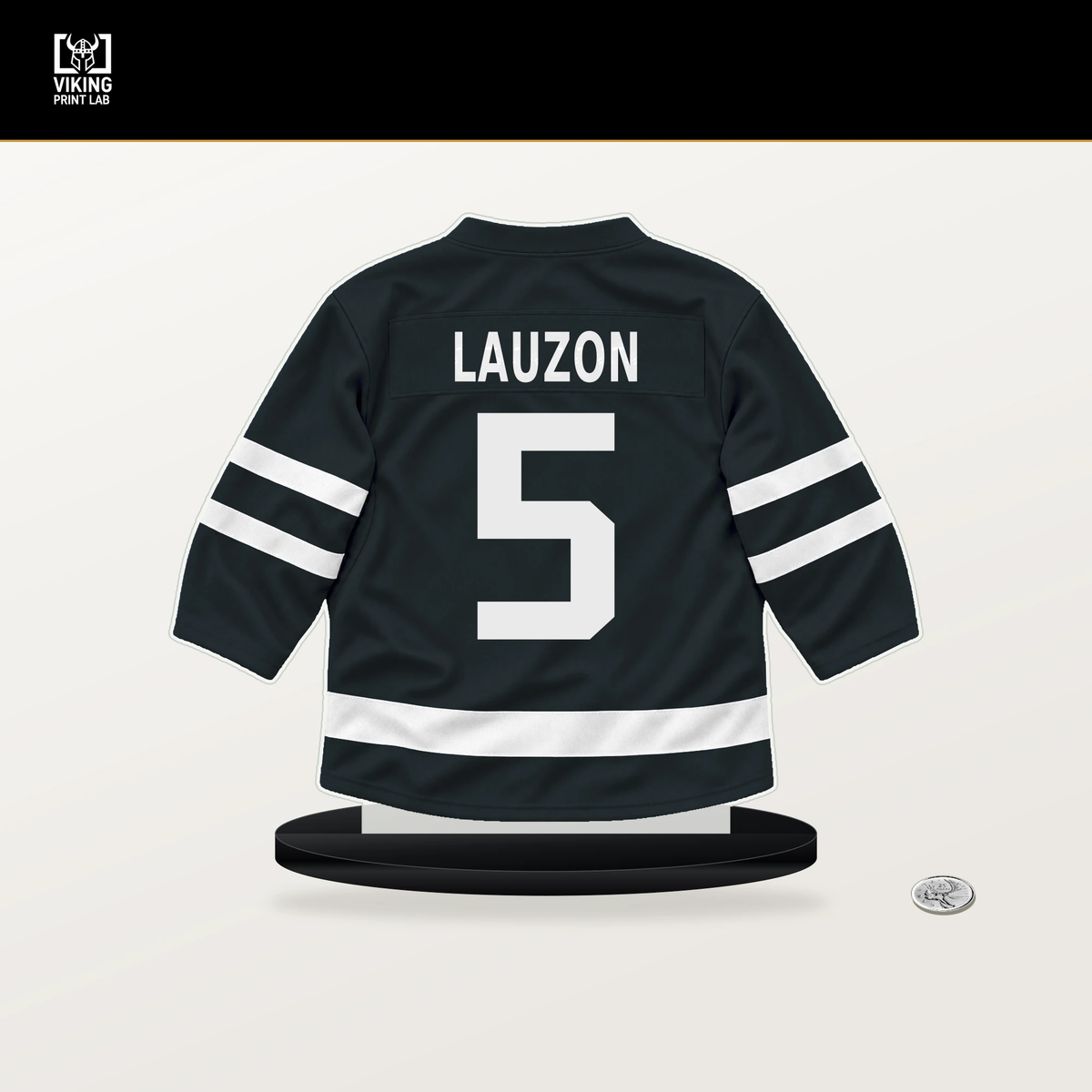Jeremy Lauzon number 5 Vegas Golden Knights jersey stand with included black base.