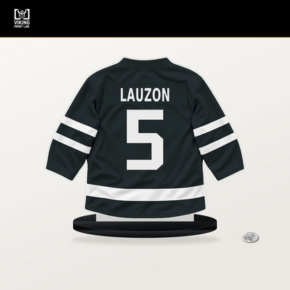 Jeremy Lauzon number 5 Vegas Golden Knights jersey stand with included black base.