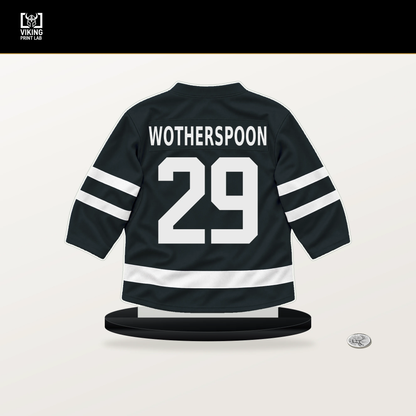 Parker Wotherspoon number 29 Vegas Golden Knights jersey stand with included black base.