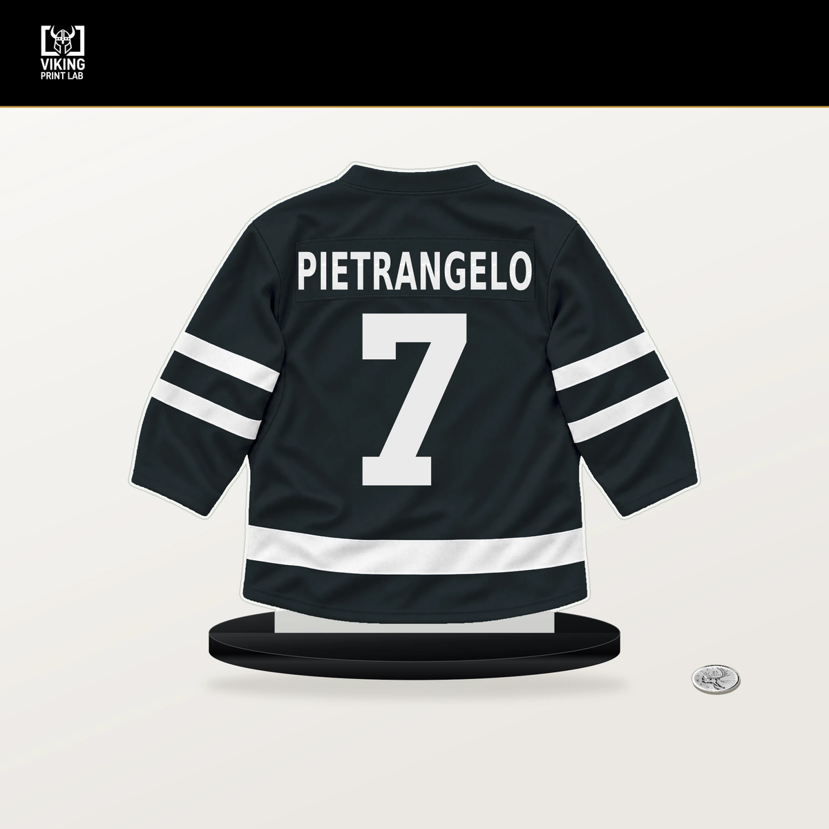 Alex Pietrangelo number 7 Vegas Golden Knights jersey stand with included black base.