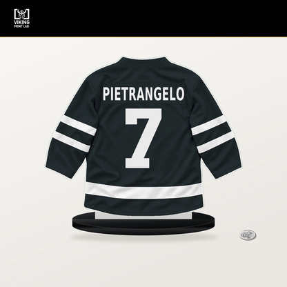 Alex Pietrangelo number 7 Vegas Golden Knights jersey stand with included black base.