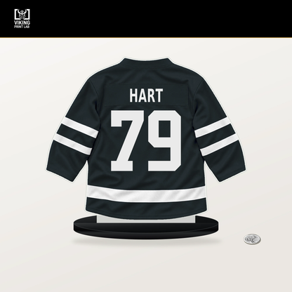 Carter Hart number 79 Vegas Golden Knights jersey stand with included black base.