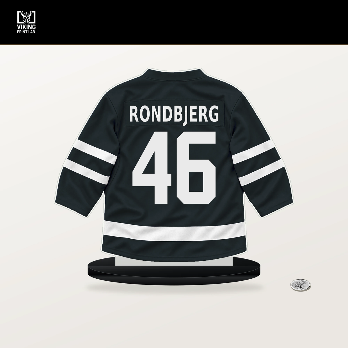 Jonas Rondbjerg number 46 Vegas Golden Knights jersey stand with included black base.