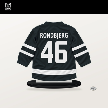 Jonas Rondbjerg number 46 Vegas Golden Knights jersey stand with included black base.