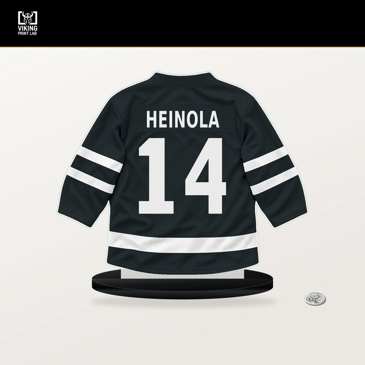 Ville Heinola number 14 Vegas Golden Knights jersey stand with included black base.