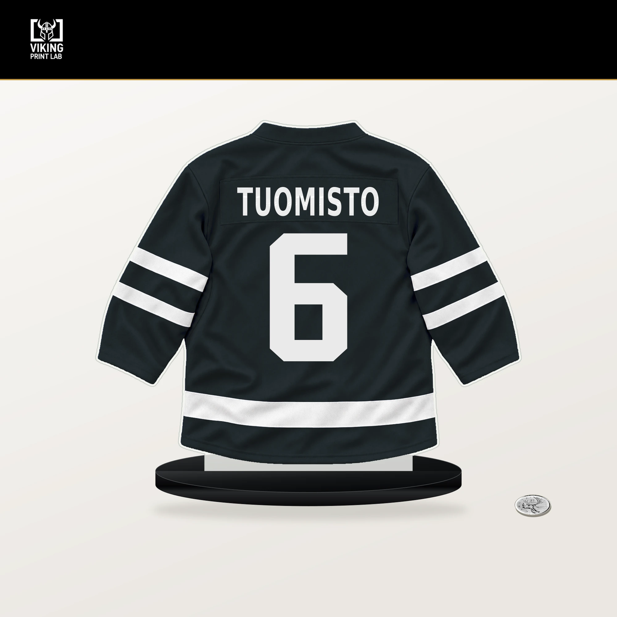 Antti Tuomisto number 6 Vegas Golden Knights jersey stand with included black base.