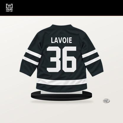 Raphael Lavoie number 36 Vegas Golden Knights jersey stand with included black base.
