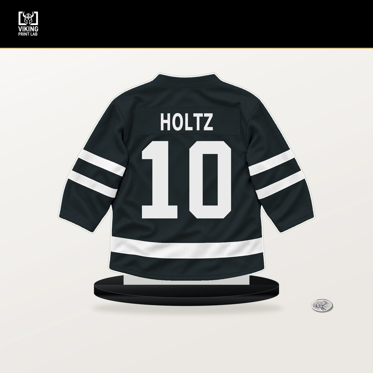 Alexander Holtz number 10 Vegas Golden Knights jersey stand with included black base.