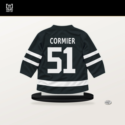 Lukas Cormier number 51 Vegas Golden Knights jersey stand with included black base.